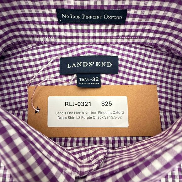 Land's End Men's No-Iron Pinpoint Oxford Dress Shirt LS Purple Check - Picture 3 of 6